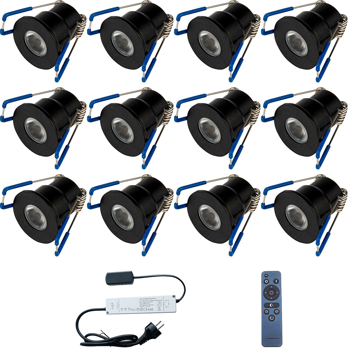 LED Veranda Spot Complete Set - Velvalux - 12 Stuks - 3W - Warm Wit 3000K - Dimbaar - Waterdicht IP65 - Inbouw - Rond - Mat Zwart - Aluminium - 12V