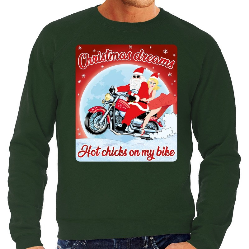 Foute kersttrui voor motorliefhebbers hot chicks groen heren