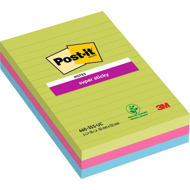 Post-it Super Sticky notes XXL, 90 vel, ft 102 x 152 mm, geassorteerde kleuren, pak van 3 blokken