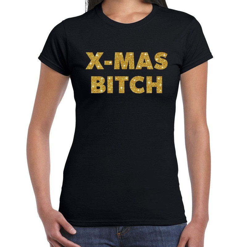 Fout kerst shirt X-mas bitch goud / zwart voor dames