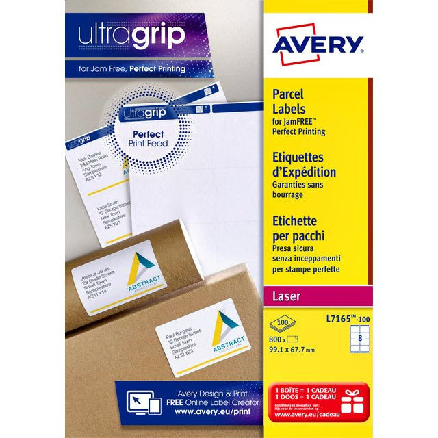 Avery L7165, Verzendetiketten, Laser, Ultragrip, wit, 100 vellen, 8 per vel, 99,1 x 67,7 mm