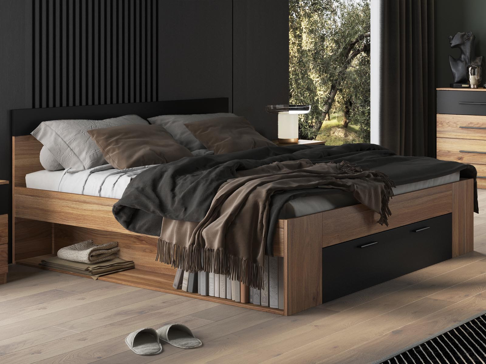 Tweepersoonsbed BETHUNE 160x200 cm mauvella eik/zwart