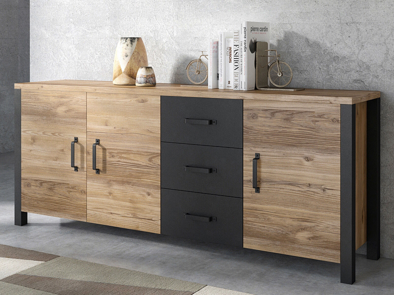 Dressoir OLIANNE 3 deuren 3 lades appenzeller sparren/zwart