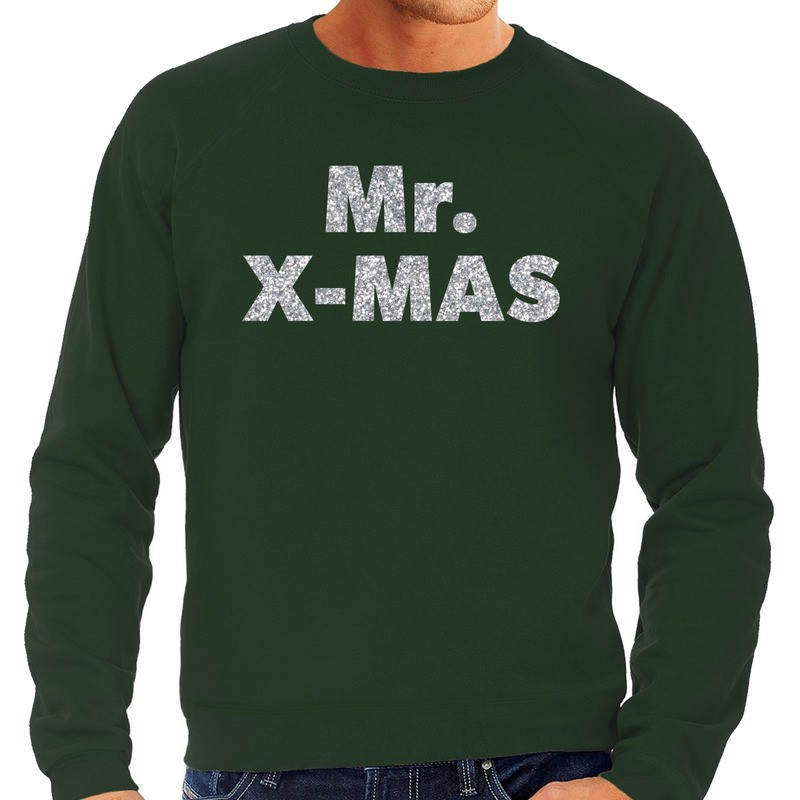 Foute Kersttrui Mr. x-mas zilveren glitter letters groen heren