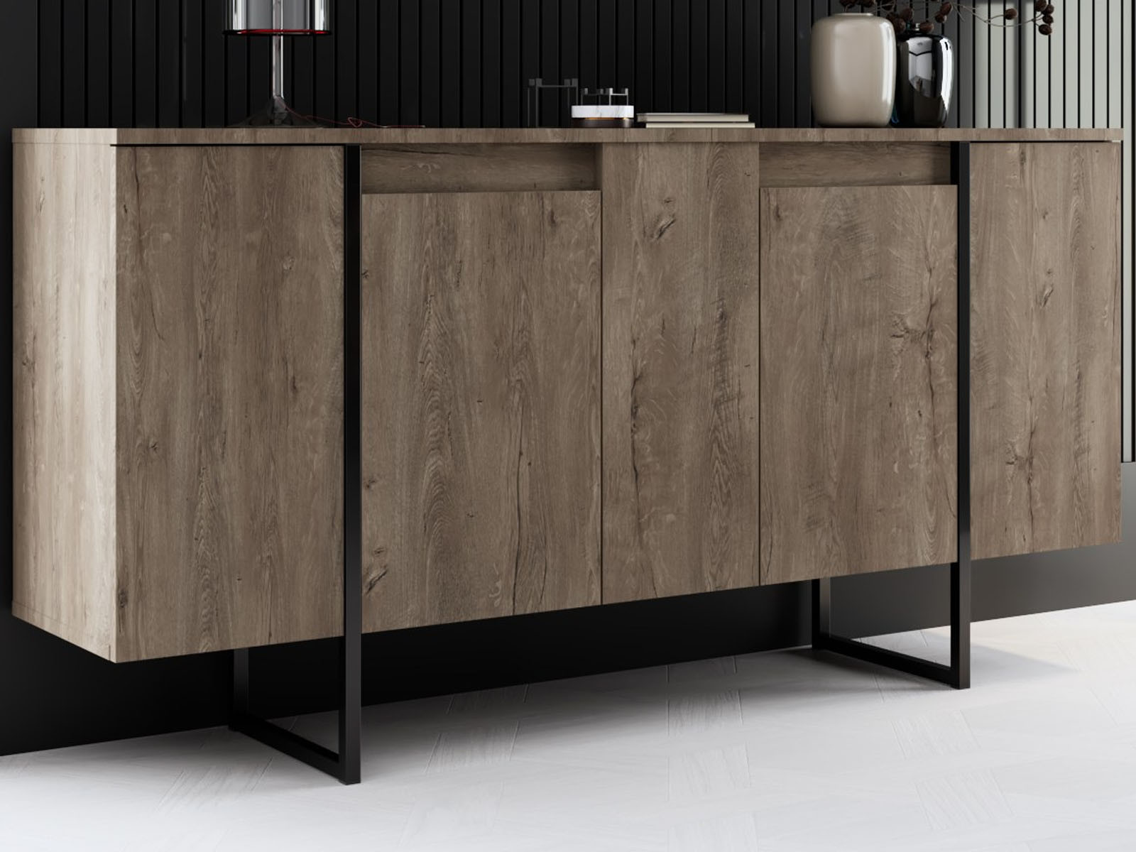 Dressoir LUXANA 4 deuren walnoot/zwart