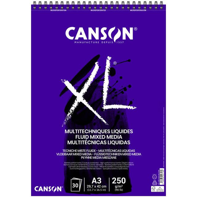 Tekenblok canson xl fluid mixed media a3 30v 250gr