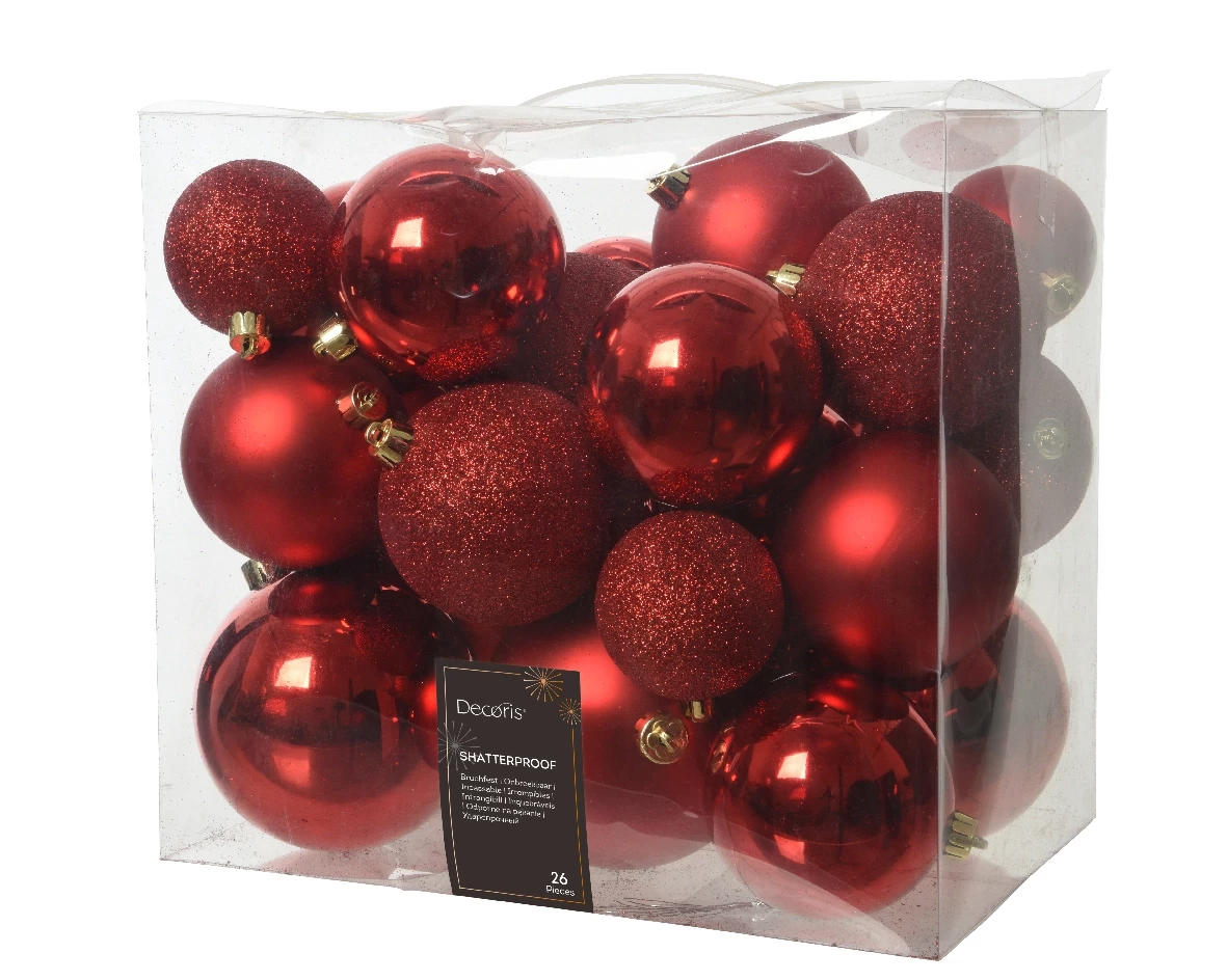 Decoris kerstballen set Plastic 26st kerstrood 6-8-10cm