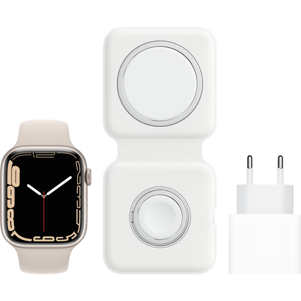 Apple Watch Series 7 45mm Witgoud Aluminium Crème Sportband + MagSafe Oplaadpakket