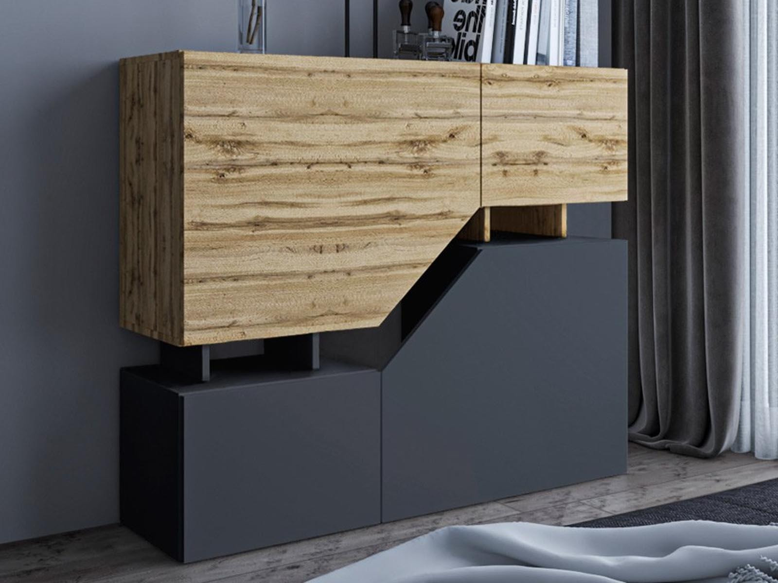 Dressoir CESAR 4 deuren antraciet/wotan eik