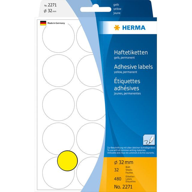 Etiket HERMA 2271 rond 32mm geel 480stuks