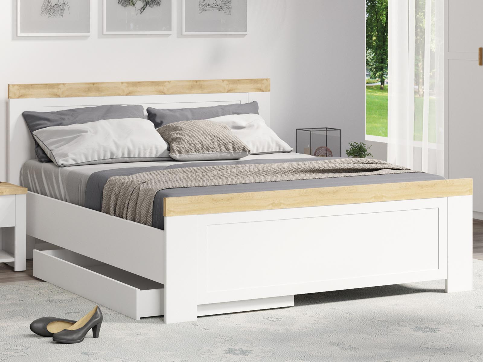 Tweepersoonsbed NINEA 180x200 cm wit/wotan eik met lade