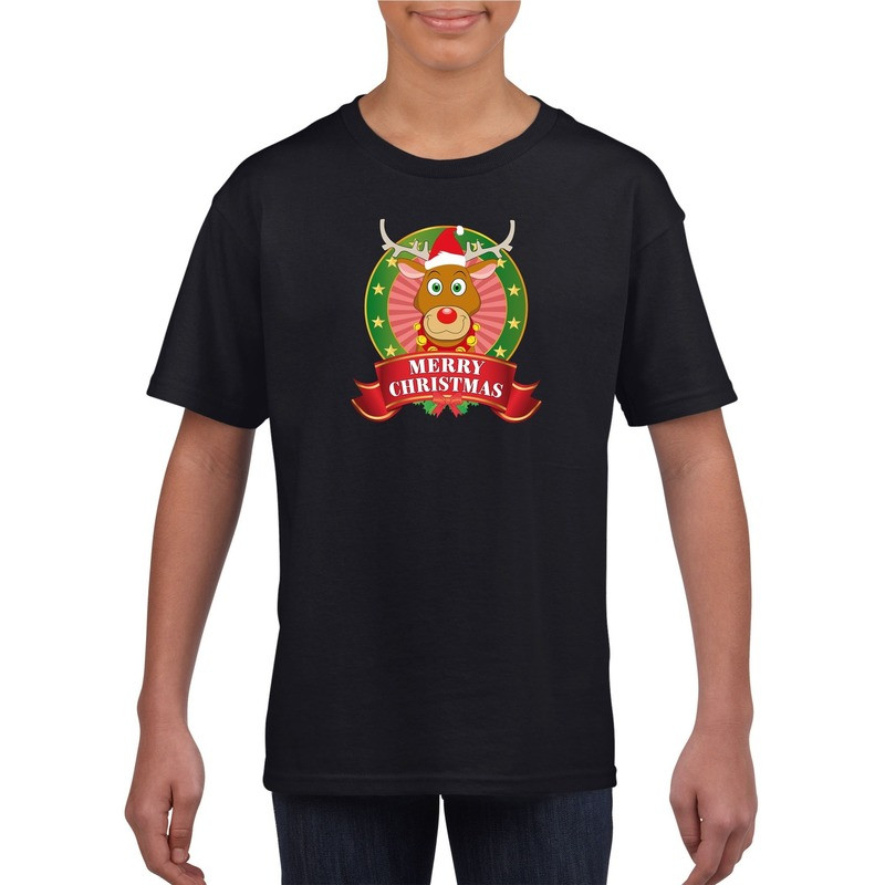 Zwart Kerst t-shirt voor kinderen met een rendier