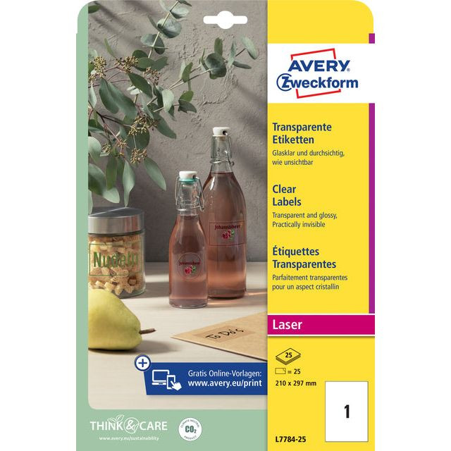 Avery transparante Crystal Clear etiketten ft 210 x 297 mm, 25 etiketten, 1 per vel