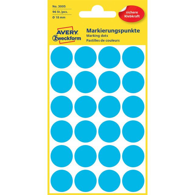 Etiket Avery Zweckform 3005 rond 18mm 96stuks blauw | Pak a 4 vel