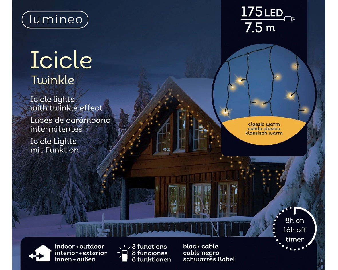 Lumineo icicle twinkle 175led 7.5m Klassiek warm Zwart kabel