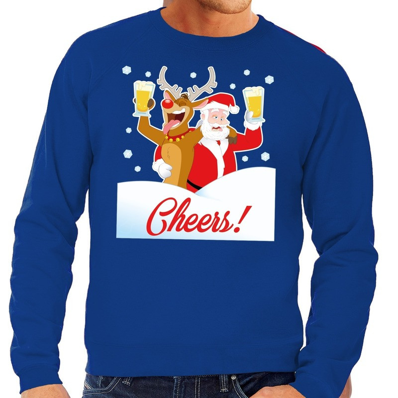 Foute kersttrui cheers met dronken kerstman blauw heren