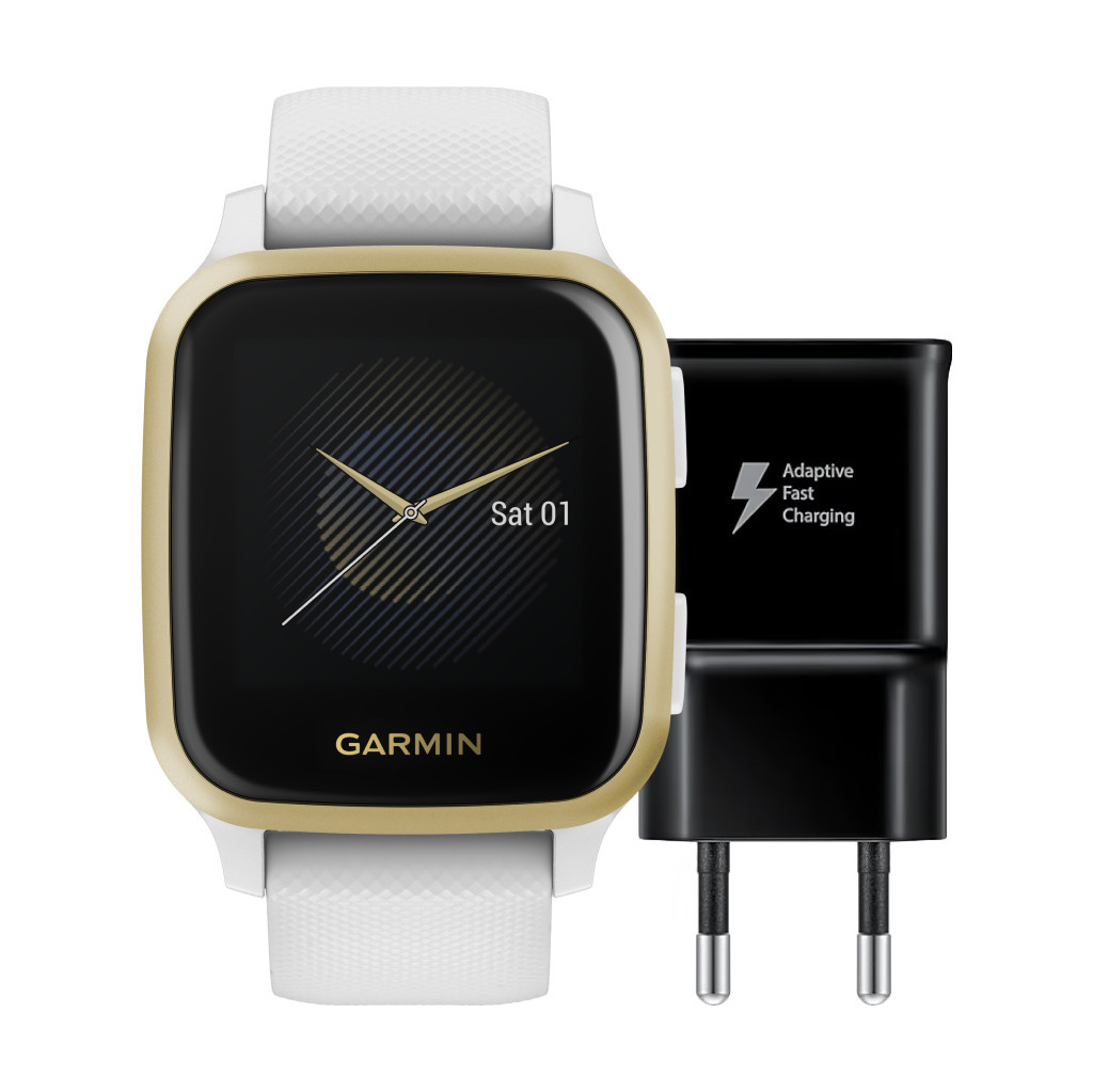 Garmin Venu Sq Wit/Goud + Samsung Adaptive Fast Charging Oplader met Usb A Poort 15W