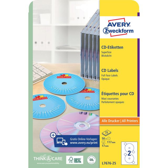 Etiket Avery L7676-25 CD full size mat wit 50stuks | Pak a 25 vel