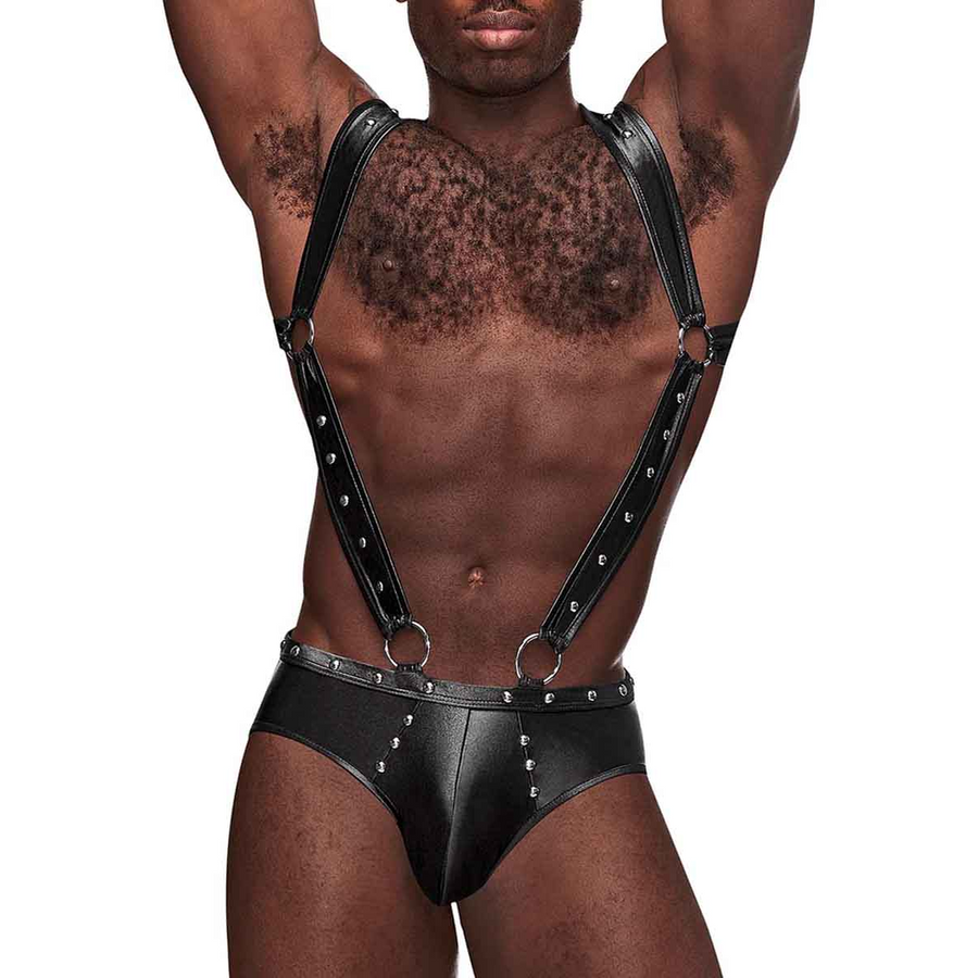 Male Power Uranus - Harness Style Open Back Jock Briefs with Suspender Straps - S/M - Black