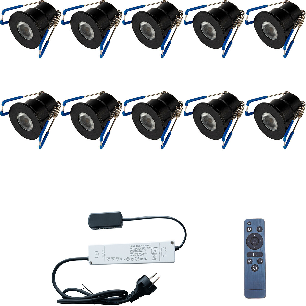 LED Veranda Spot Complete Set - Velvalux - 10 Stuks - 3W - Warm Wit 3000K - Dimbaar - Waterdicht IP65 - Inbouw - Rond - Mat Zwart - Aluminium - 12V