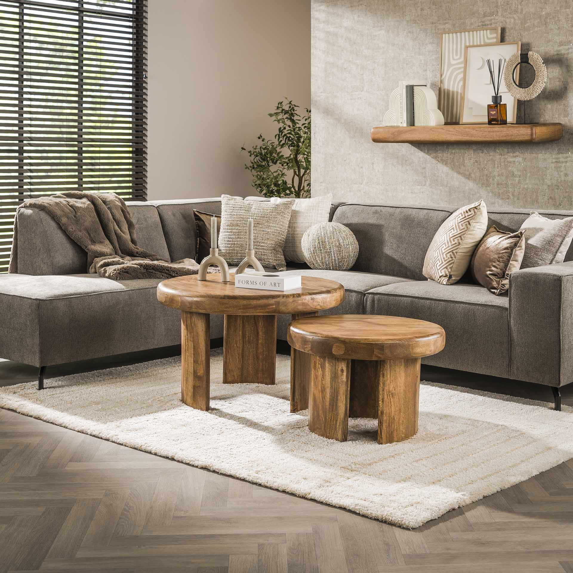 LifestyleFurn Salontafel Manoah Mangohout, Set van 2 stuks - Massief mango zandkleur - Rond