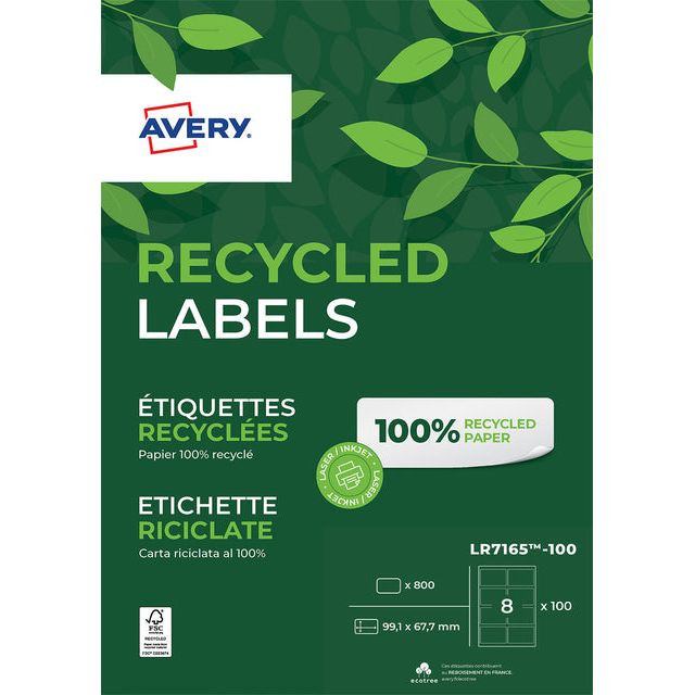 Avery gerecycleerde witte laseretiketten QuickPeel ft 99,1 x 67,7 mm (b x h), 800 stuks, 8 per blad