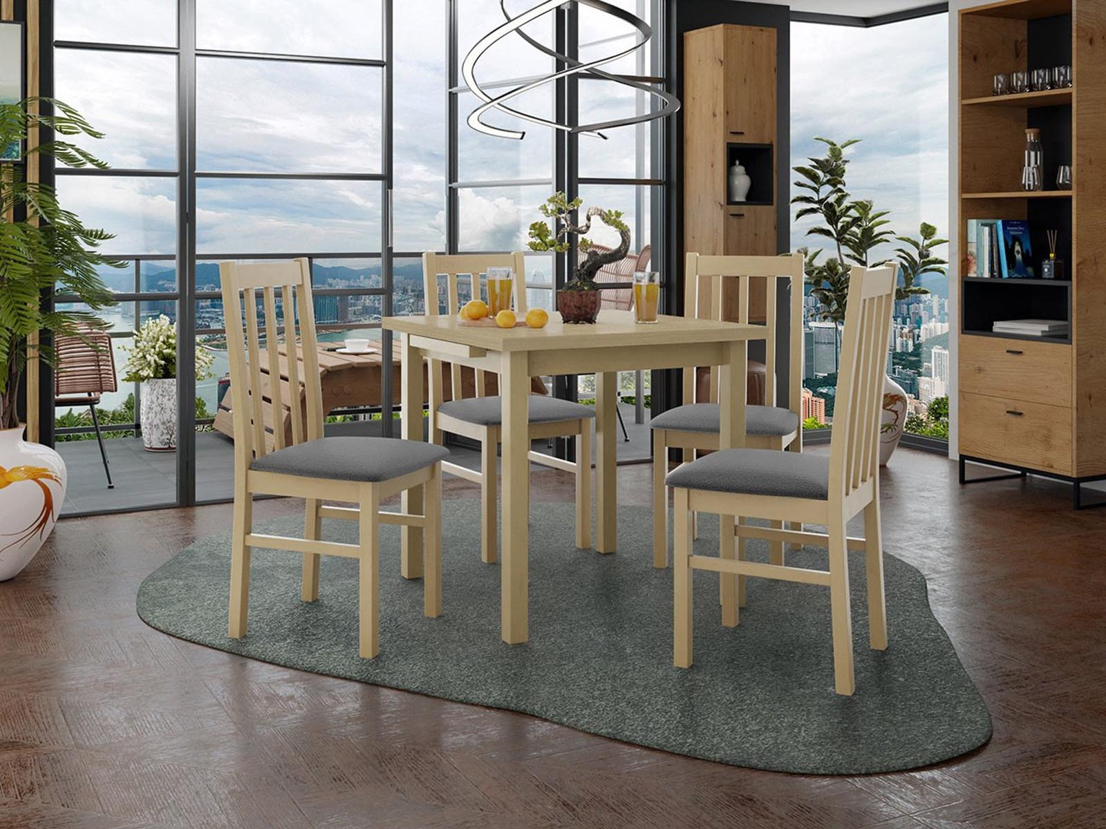 Eettafel AMENO 80>110 cm sonoma met 4 stoelen en grijze kussens