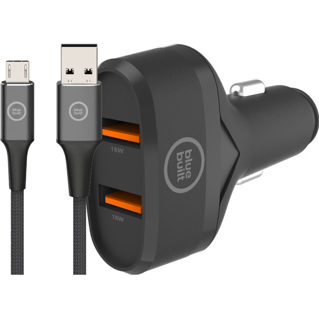 BlueBuilt Quick Charge Autolader 18W Zwart + Usb C Kabel 1,5m Nylon Zwart