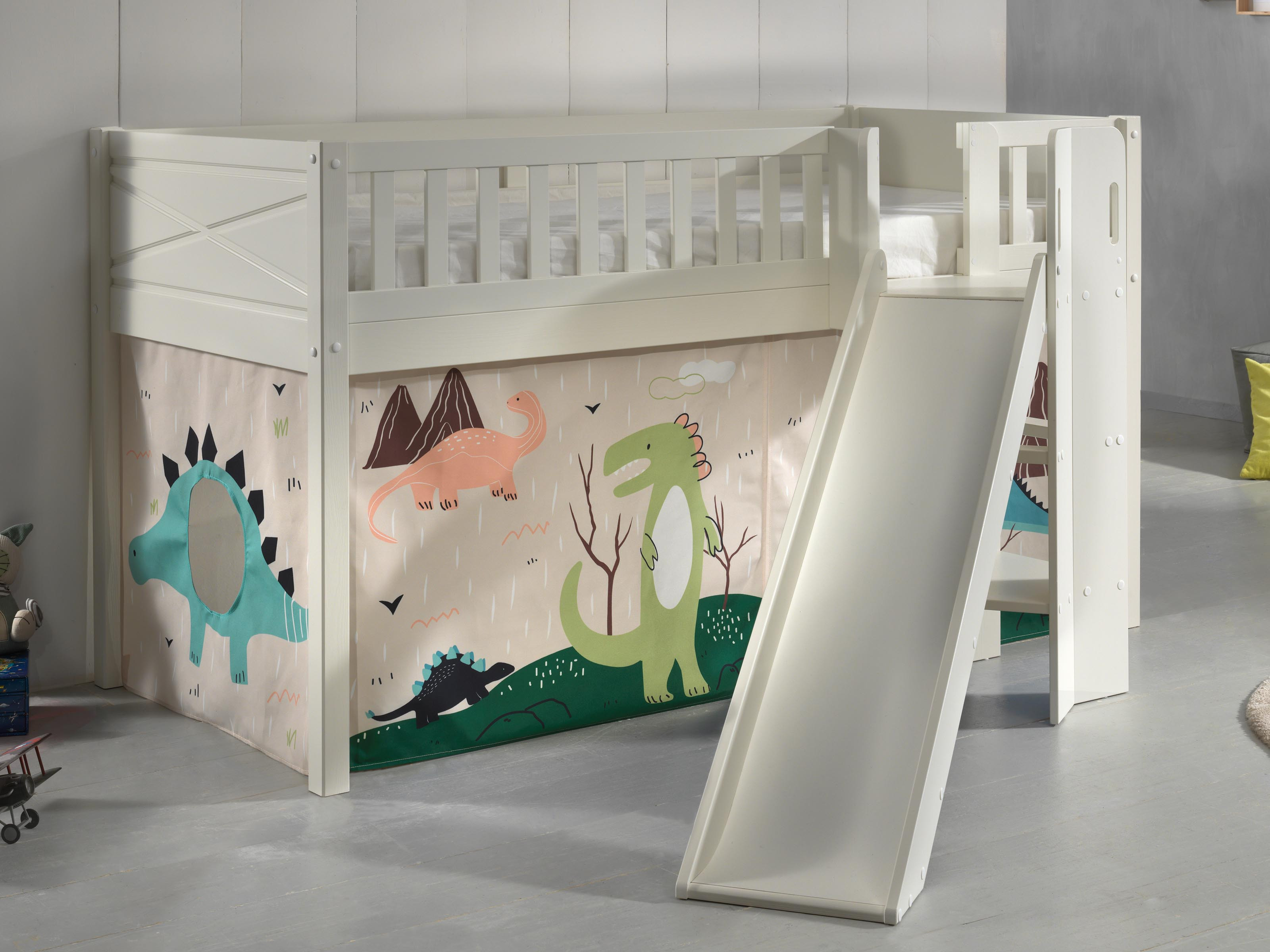 Bed SCOTY met glijbaan 90x200 cm witte pijnboom tent dinosaurus