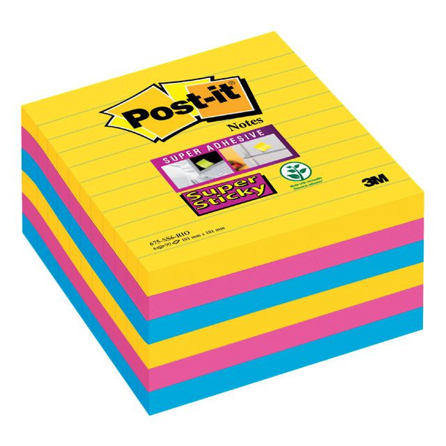 Post-it Super Sticky notes XL Carnival, 90 vel, ft 101 x 101 mm, gelijnd, assorti pak van 6 blokken