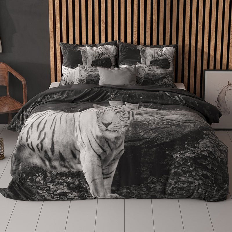 Dekbedovertrek Tigers - Tweepersoons (200x200 cm) - Grijs Katoen - Dessin: Dieren - Sleeptime - Dekbed-Discounter.nl