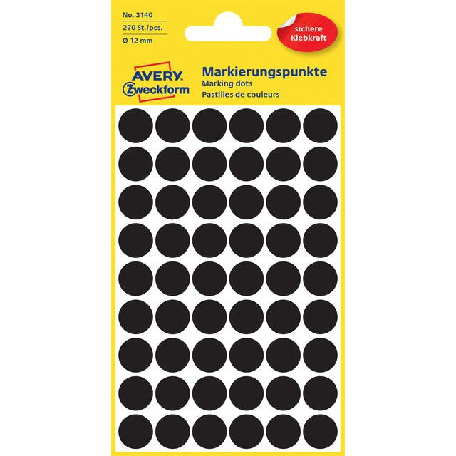 Etiket Avery Zweckform 3140 rond 12mm zwart 270stuks | Pak a 5 vel