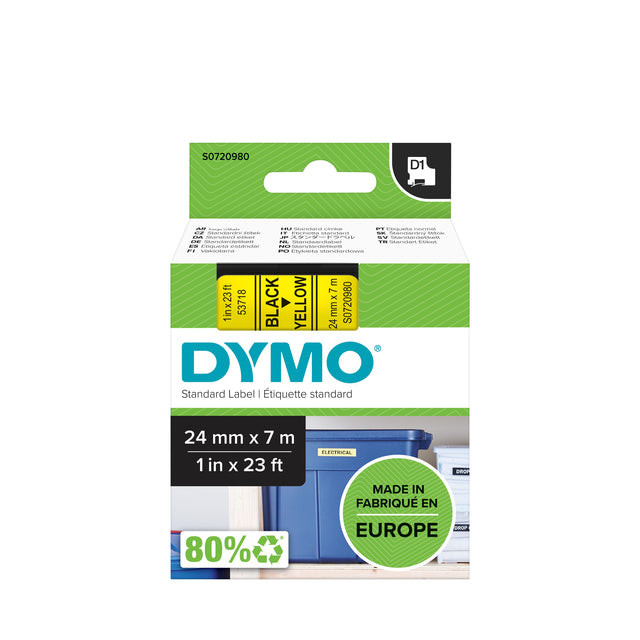 Dymo D1 permanente polyestertape 24 mm, zwart op geel