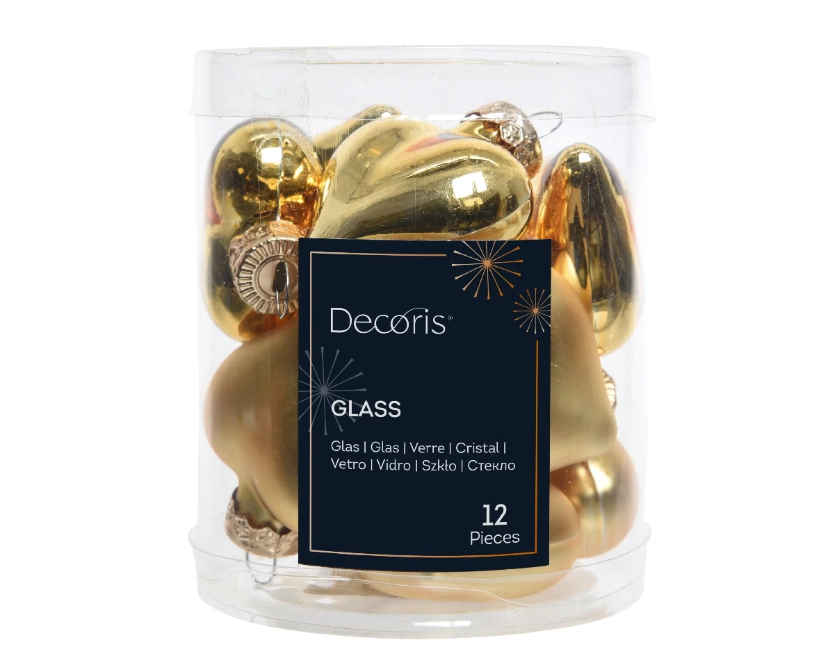 Decoris kerstballen set glas hart 12st licht goud 4cm