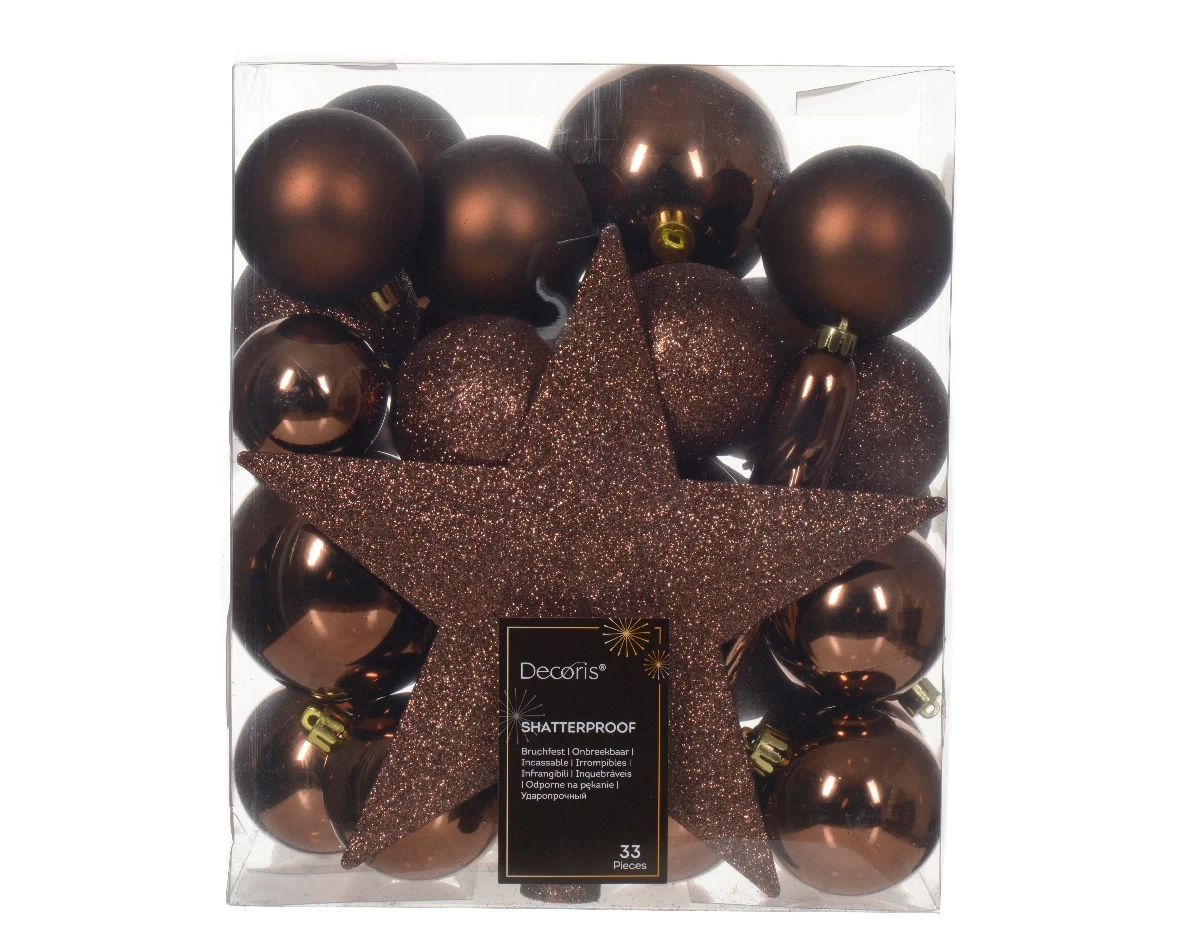 Decoris kerstballen Plastic mix+piek 33st espresso