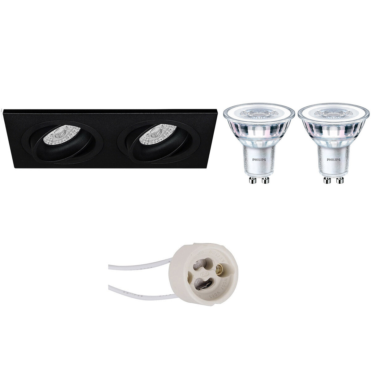 LED Spot Set - Pragmi Borny Pro - GU10 Fitting - Inbouw Rechthoek Dubbel - Mat Zwart - Kantelbaar - 175x92mm - Philips - CorePro 830 36D - 4.6W - Warm Wit 3000K