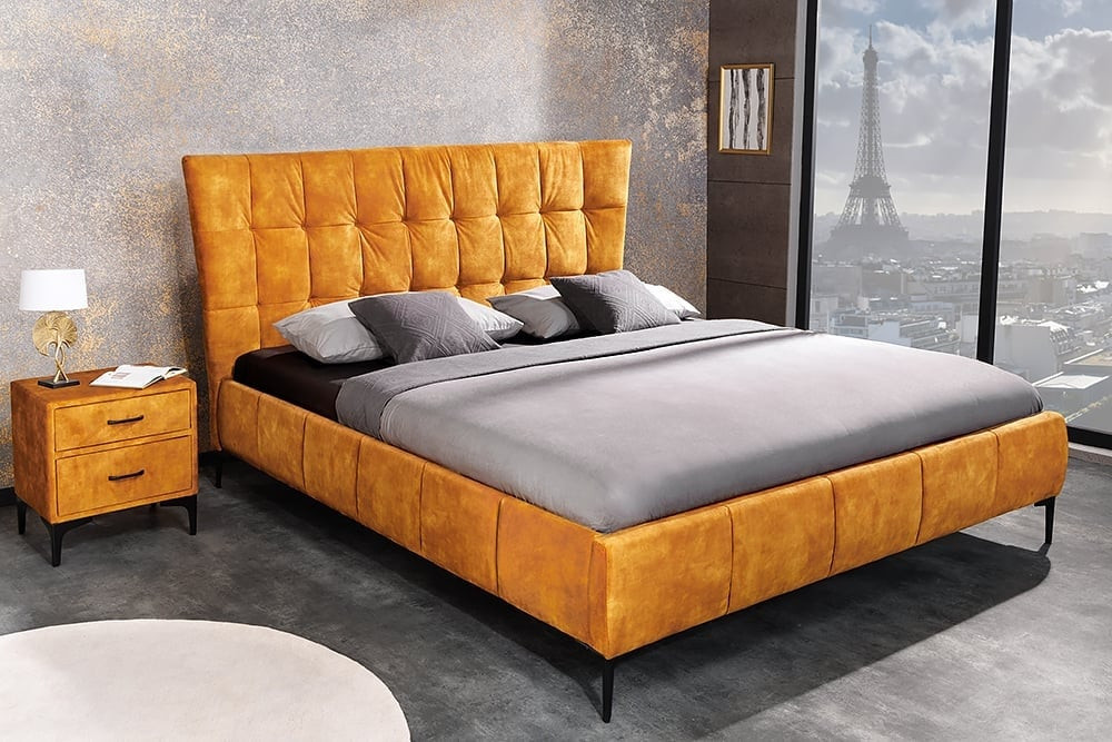 Design tweepersoonsbed BOUTIQUE 160x200cm mosterdgeel fluweel queen size bedframe - 41666