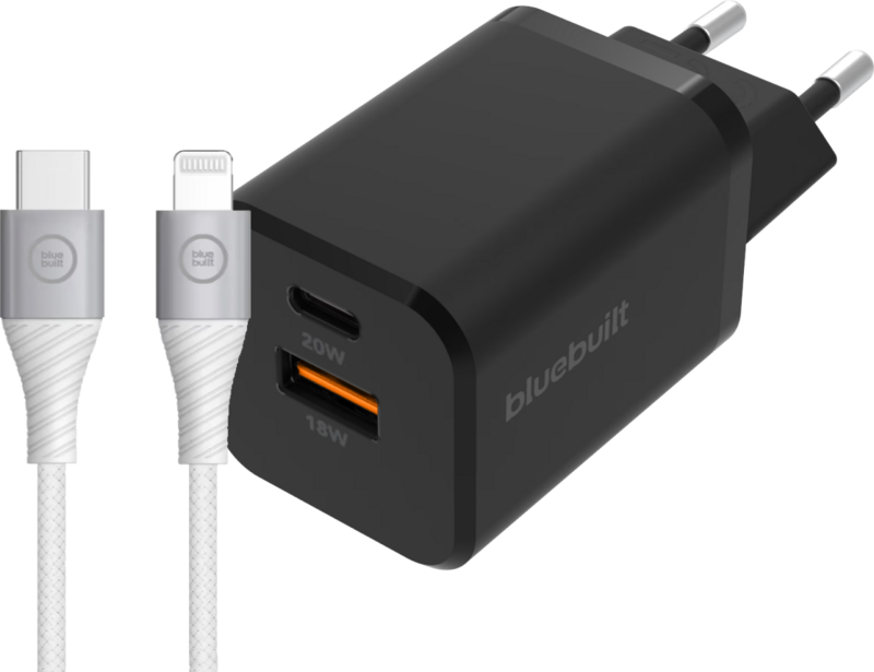 BlueBuilt Snellader met 2 Usb Poorten 38W Zwart + Lightning Kabel 1,5m