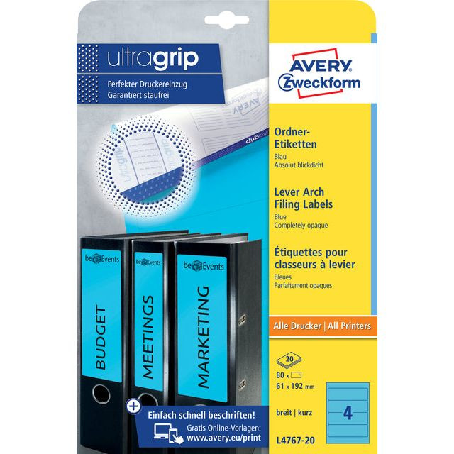 Avery Zweckform L4767-20 ordnerrugetiketten ft 19,2 x 6,1 cm (b x h), 80 etiketten, blauw