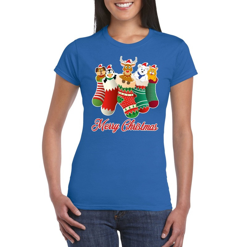 Foute Kerst t-shirt kerstsokken merry christmas blauw voor dames