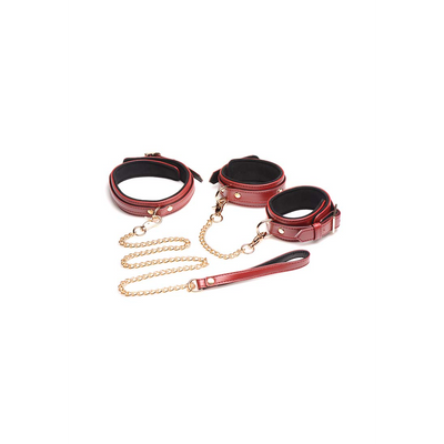 XR Brands 6-Piece Burgundy Bondage Set with Cuffs, Collar and Belt