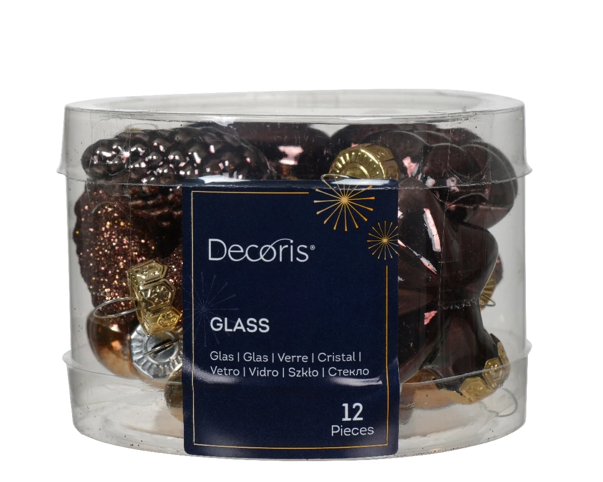 Decoris kerstballen set glas Bruin 12st 2x4x4cm