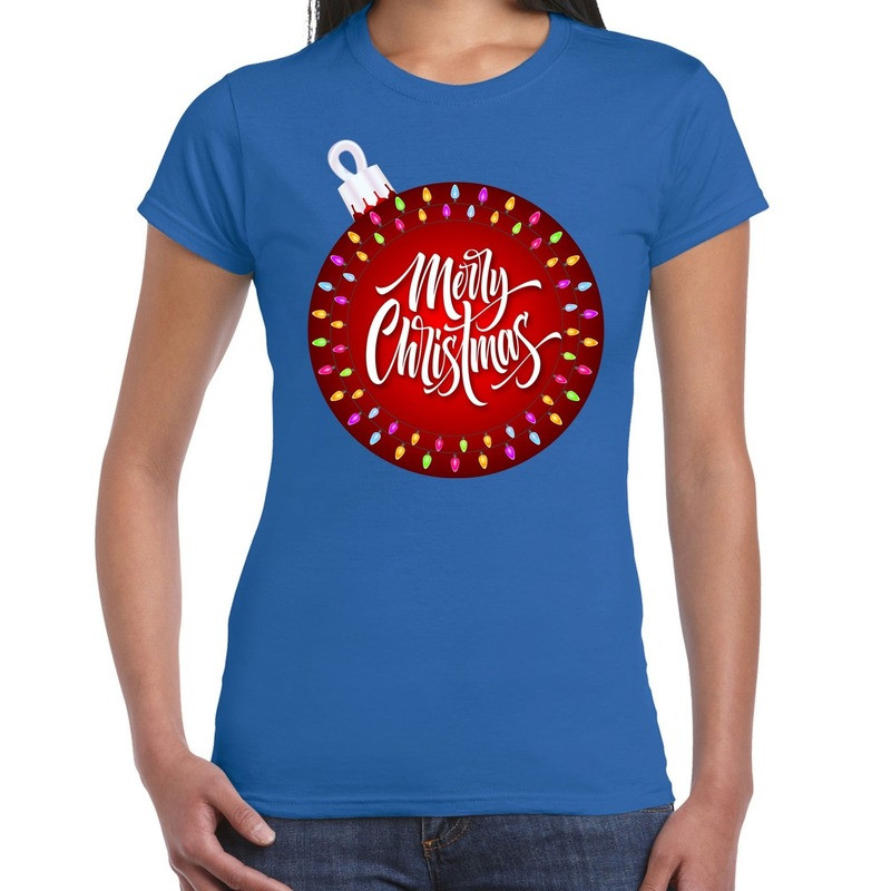 Fout kerst shirt kerstbal merry christmas blauw voor dames