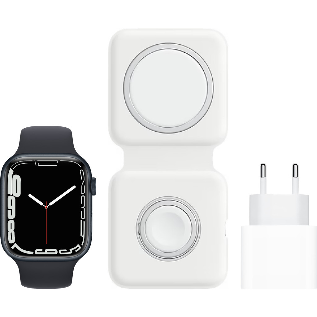 Apple Watch Series 7 45mm Middernacht Aluminium Sportband + MagSafe Oplaadpakket