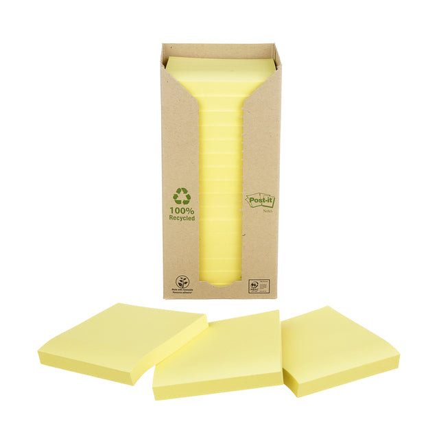 Post-it Recycled notes, 100 vel, ft 76 x 76 mm, geel, pak van 16 blokken