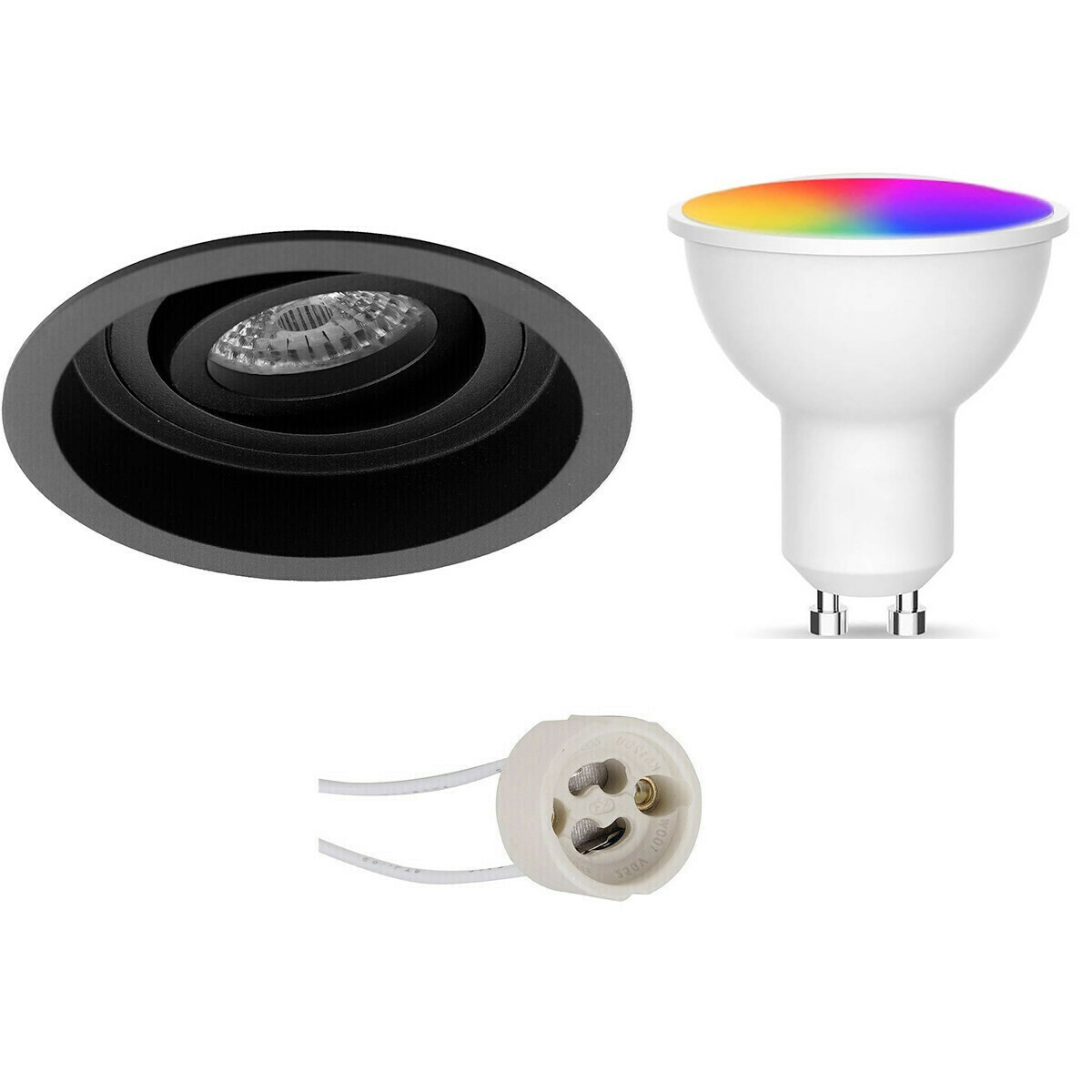 LED Spot Set GU10 - Facto - Smart LED - Wifi LED - Slimme LED - 5W - RGB+CCT - Aanpasbare Kleur - Dimbaar - Pragmi Domy Pro - Inbouw Rond - Mat Zwart - Verdiept - Kantelbaar - Ø105mm