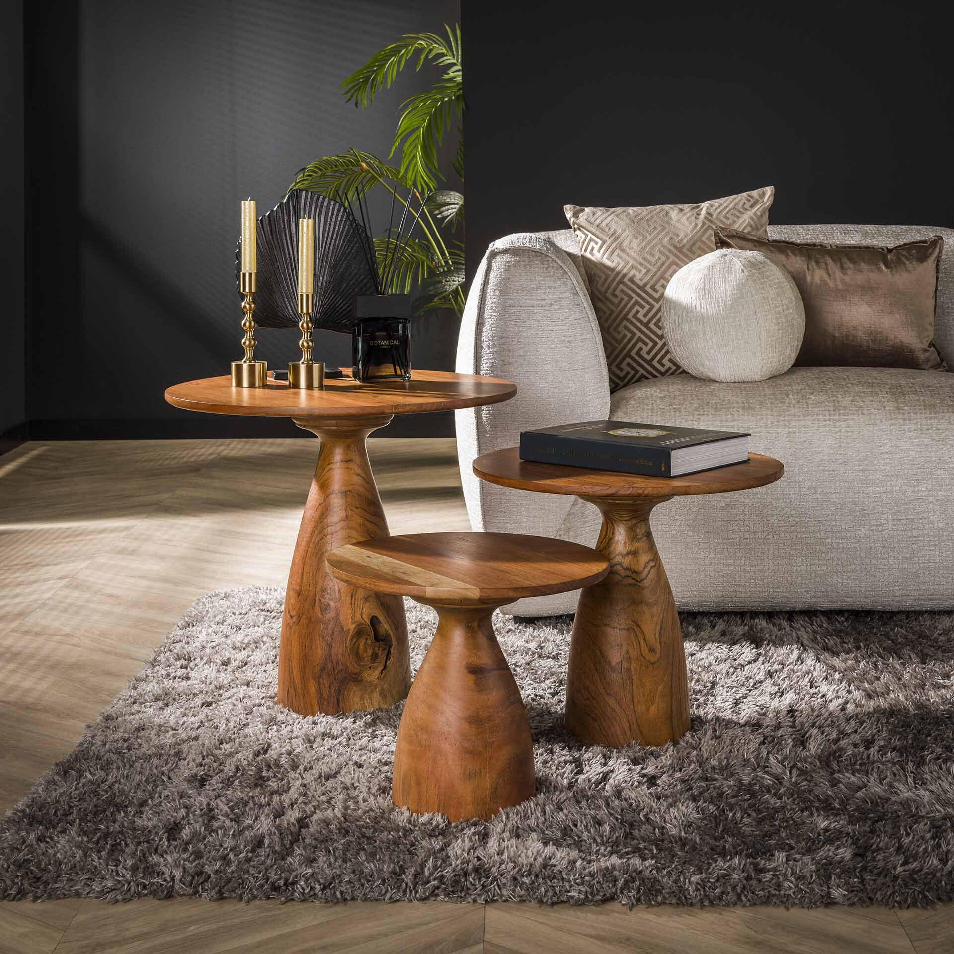 LifestyleFurn Ronde Salontafel Kalilah Acaciahout, Set van 3 stuks - Massief acacia naturel