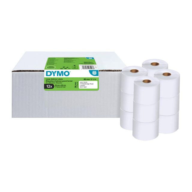 Dymo Value Pack: etiketten LabelWriter ft 89 x 36 mm, wit, doos van 12 x 260 etiketten