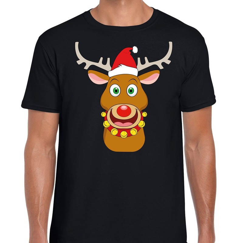 Foute Kerst t-shirt rendier Rudolf rode kerstmuts zwart heren