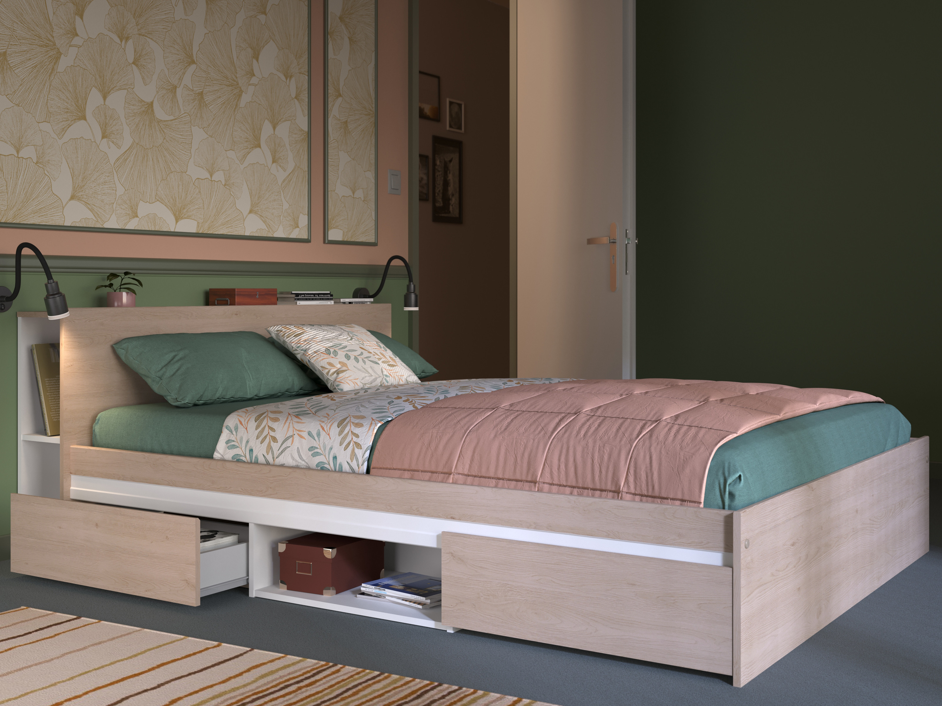 Tweepersoonsbed LEDGER 140x190 cm brooklyn eik/wit